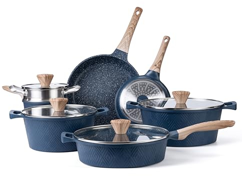 Country Kitchen Induktions-Kochgeschirr-Sets – 13-teiliges Antihaft-Kochgeschirr-Set aus Aluminiumguss mit Bakelite-Griffen, Glasdeckel, Rhombas-Design (Marineblau)
