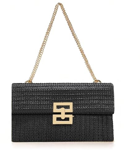 ATQCOL Small Straw Clutch Straw Crossbody Bag for Women, Summer Beach Woven Shoulder Bag Riffia Envelope Evening Handbag, Black