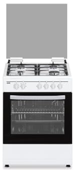 Svan Cocina Gas Butano 4 Zonas de Cocción, Horno 63 L, Blanco SKGW4601. Control Manual, Quemador WOK triple llama, 2 Programas de Cocción, Cristal en Puerta de Doble Capa, Tapa Abatible