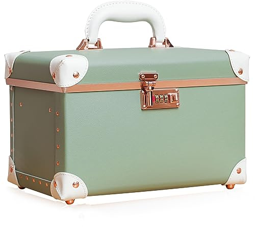 urecity Vintage Leder Kosmetikkoffer mit Spiegel - Hartschale Schminkkoffer für Damen, Reise Make-up Case mit Zahlenschloss & Großer Stauraum (Retro Design) (Avocado-Grün, Medium)