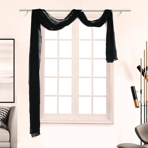 Whakano 1 Stück Querbehang Freihanddeko,Transparentem Gardinen Schals Voile,in 21 Farben erhältlich,Gardinen Tüll,Dekoschals,Vorhangschal für Fotografie Party Hochzeit Taufe,135cmx500cm,Schwarz