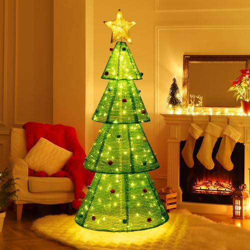 GOPLUS LED künstlicher Weihnachtsbaum, 190cm beleuchteter Tannenbaum mit Spitzenstern & 200 warmweißen Lichtern, Christbaum Lichterbaum Weihnachtsdekoration für Innen Außen, Grün