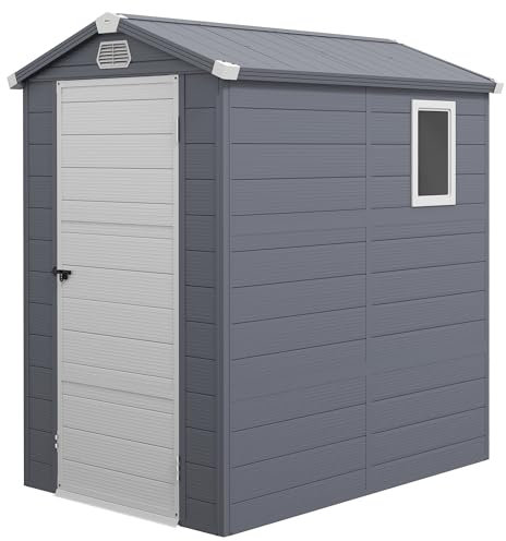 Outsunny 4 x 6ft Plastic Garden Storage Shed with Foundation Kit, Polypropylene Outdoor Storage Tool House with Ventilation Slots and Lockable Door, Grey