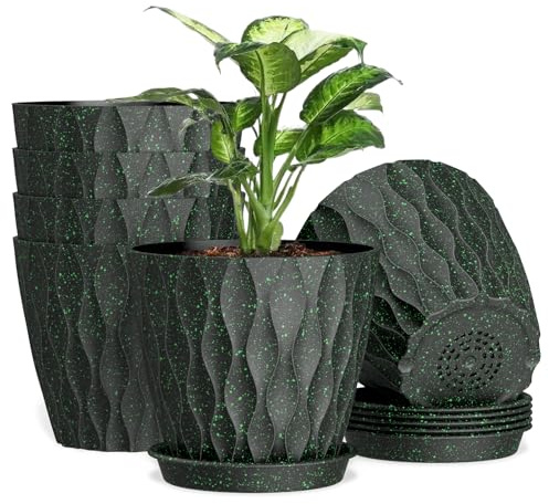 Homeuouz 12.5cm Plant Pots, 6 Pack Plastic Flower Pots with Drainage Holes and Saucers, Indoor Outdoor Planters for Succulent and All House Plants(Black With Green Speckles