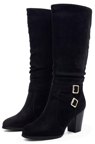Ermonn Womens Mid Knee High Boots Chunky Heel Slouchy Metal Buckle Side Zipper Fashion Winter Shoes