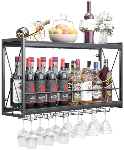 Dokser Wine Rack Wall Mounted Shelf - 2 Tier, Rustic Wood & Industrial Iron Frame Wine Bottle Holder for Kitchen, Dining Room, Home Bar Decor (Black)