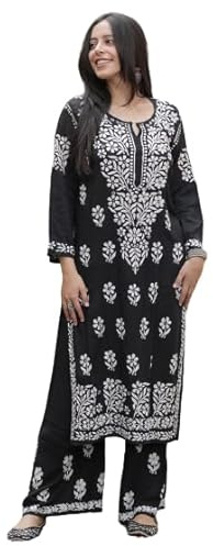 zomiconice Women's Kurta Set Embroidered Chikankari Kurta with pant ethnic Indian wear- Lucknow Chikankari (Black, 40)