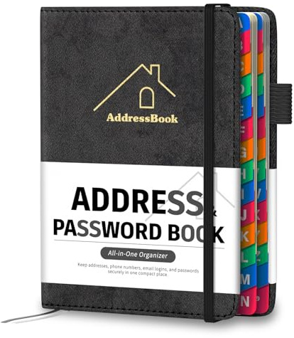 Address Book with Colorful Alphabetical Tabs, 4.7 X 6.2 Hardcover Address and Phone Number Book for Record Contacts, Telephone Address and Password Book Combo for Seniors (Black)