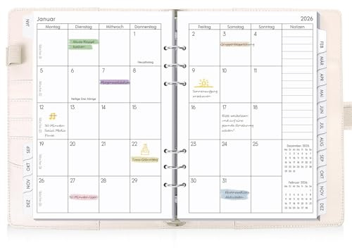 SKYDUE Kalender Ringbuch A5 Nachfüllbar,Ringbuch A5 Nachfüllbar, Planer 2026, Terminplaner 2026 Perfekt Für Schüler Und Berufstätige(Beige)