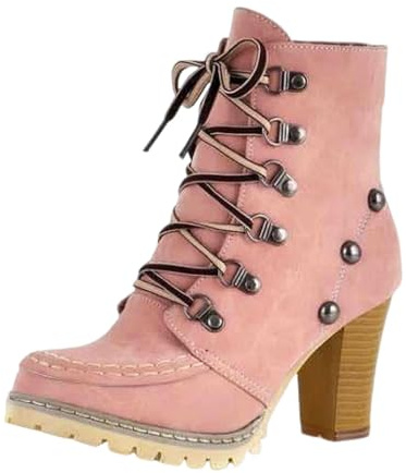 Damen-Stiefeletten für Damen, Plateau, mittelhoher Absatz, Nieten, Schnürung, Vintage-Stiefeletten, rose, 38.5 EU