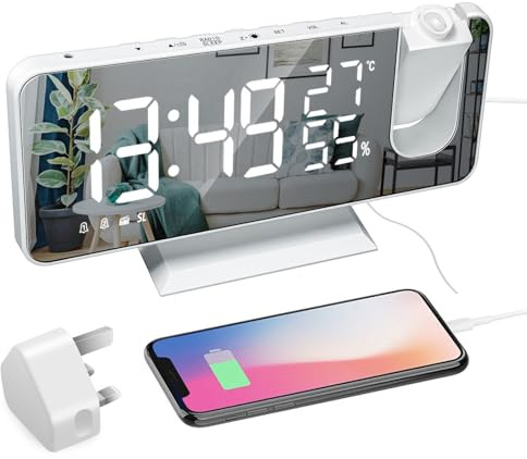 POTUBI Sveglia Digitale, radiosveglia, proiettore, Alimentato dalla Rete elettrica, for Comodino, visualizzazione della Temperatura e dell'umidità, Funzione Snooze, Adattatore Incluso(White White)