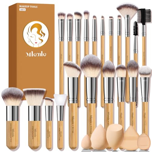 Makeup Brushes Set, Mlemle Professional 26 Pcs Makeup Kit, Include Concealers Powder Foundation Eye Blush shadows 21 Pcs Bamboo Makeup Brushes and 3 Makeup Sponge, 2 Powder Puff (A03)