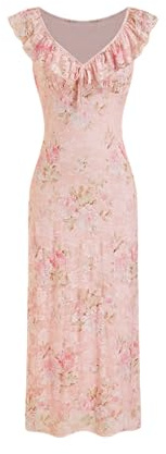 CIDER Women's Summer Floral Wedding Guest Dress Formal Ruffle Cocktail Dresses Cute V Neck Maxi Dress Elegant Outfits: Pink, L