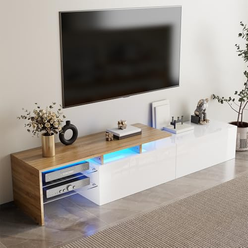 Generisch Meuble TV moderne, élégant et stylé, espace de rangement pratique, finition blanche brillante, imitation bois, étagères en verre, éclairage LED