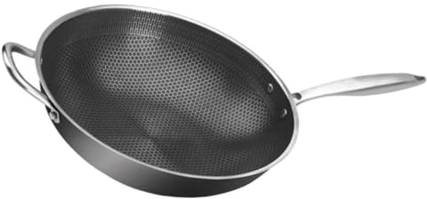 ANDRESLAD Padella Wok Tradizionale in Acciaio Inox 32 Cm Doppio Manico e Fondo a Nido D’ape, Wok per Fornelli Elettrici a Induzione, Utensile da Cucina Versatile per Barbecue e Verdure