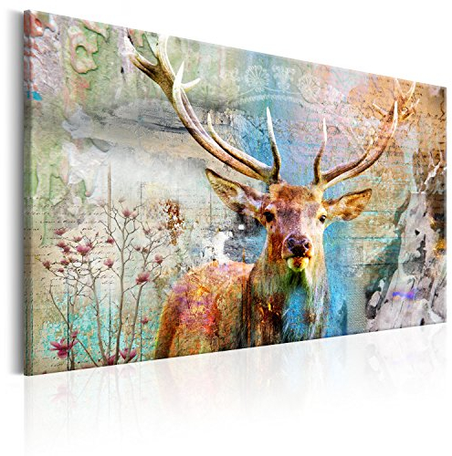 murando Wandbilder XXL Hirsch 120x80 cm Bilder Leinwandbild 1 tlg Leinwand Wand Deko Bilder Wohnzimmer Bild Schlafzimmer Leinwandbilder Wandbild Groß Design - Abstrakte Tier bunt Wald Natur Blumen