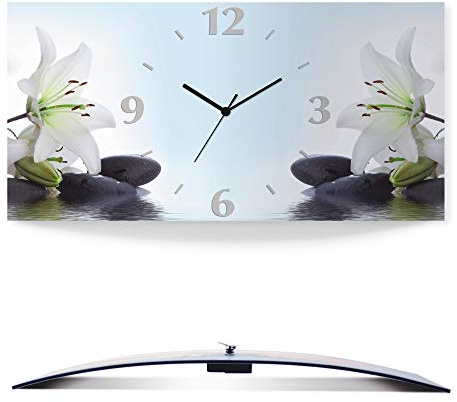 ARTLAND Wanddeko Wanduhr ohne Tickgeräusche Alu Quarzuhr 50x25 cm Rechteckig Lautlos Blumen Lilien Spa Steine Natur Asiatisch Ausgefallen S7LY