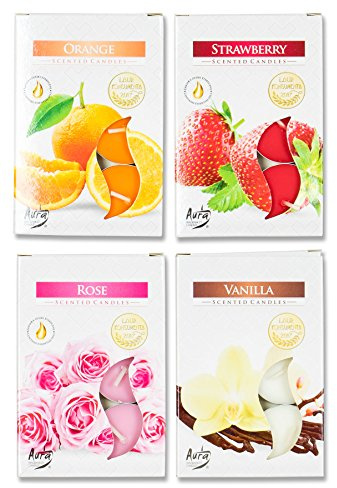 levandeo 24er Kerzen 4x6 Stück Vanille Rose Orange Erdbeere Teelichter Duftkerzen Aroma Duft Tischdeko
