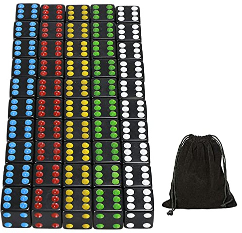 YOUSHARES 50-pack D6 speltärningsset med påse – 16 mm svart färg 6-sidiga tärningar, perfekta bordsspel tärningar för Tenzi, Yahtzee, DND MTG RPG krigsspel