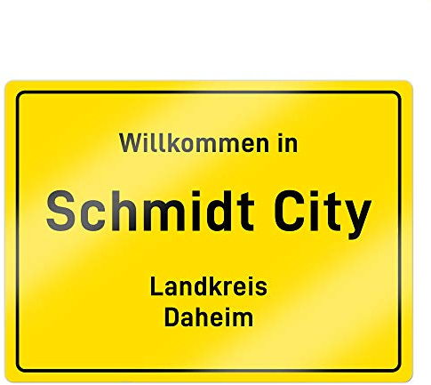 Casa Vivente Ortsschild mit Aufdruck, Landkreis Familie, Personalisiert mit Namen und Wunschtext, Gelbe Tafel aus Aluminium als Wand-Dekoration