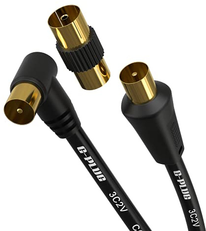 G-PLUG 15m Antennenkabel Stecker auf Stecker, Koaxialkabel für Fernseher | Schwarz, rechtwinklig, mit vergoldeten IEC-Steckern und IEC-Kupplung Buchse auf Buchse; für DVB-C, DVB-T, digital und analog