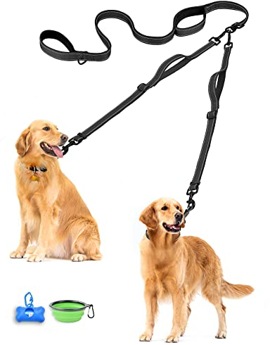 PetBonus Hundeleine Doppelleine für 2 Hunde, Keine Verwicklung Leine für 2 Hunde Groß, Verstellbar Reflektierend Doppelte Leinen mit 4 Gemütlich Gepolsterte Griffe (Schwarz)