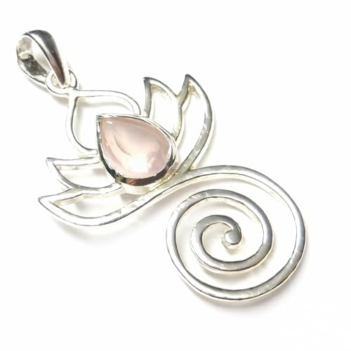 Kedjehängsmycke, silver, motiv lotus, med äkta rosenkvarts, tillverkad av 925 sterling silver, gåva, smycken, vänskap,
