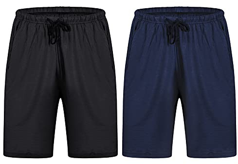 Chalier Cozy Pyjamahose Herren Kurz Schlafanzughose Weich Verstellbare Taille Modal Geschenk für Männer, Sommer Schlafshorts mit Beidseitige Taschen Geschenk zum Vatertag（2er-Pack）,Marine + Schwarz
