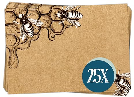 Set di 25 adesivi a forma di miele, per barattoli di miele e regali, etichette adesive per vetro, etichette adesive per scrivere e personalizzare da soli, adesivi con api, effetto carta kraft, 7,4 x