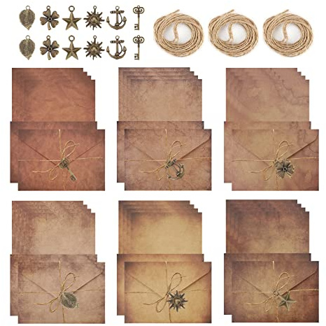 60 Stück Vintage Briefpapier Briefumschlag Set Altes Papier A5 kraft umschläge 24 Stück briefpapier A5 vintage 12 Stück Retro-Design Umschläge 12 Stück Metallbeschläge 12 Juteseil Antik-Kraftpapier