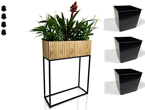 Växtställ LOFT FIORINO metall ek trä lamell blomstativ svart blomkruka med ben höga blomkrukor loftstil många mått tillverkad i EU (22 x 62 x 80 cm)