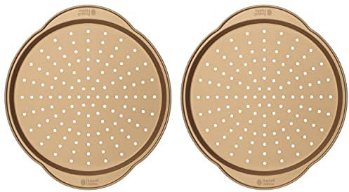 Russell Hobbs COMBO-8150 Set of 2 Opulence Non-Stick Pizza Pans, Round Baking Trays for Garlic Bread, Flatbreads and More, Easy Clean, PFOA Free, Oven Safe to 220 Degrees, 37 cm, Carbon Steel, Gold