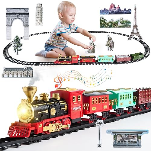 Elektrischer Zug Spielzeug, Spielzeugeisenbahn Set mit Rauch, Licht und Sound, 4 Wagen,Eisenbahn Kinder Elektrisch mit Dampflokomotive, Weihnachtszug Sets für unter Dem Baum