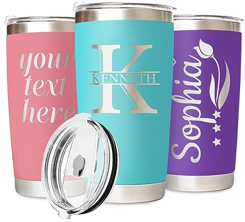 Personalisierter Becher mit Namen, doppelwandig, isoliert, Reisebecher – 12 Designs, 10 Farben, 590 ml, Becher mit Deckel, personalisiertes Geschenk zum Jahrestag, Geburtstag für Vater, Mutter
