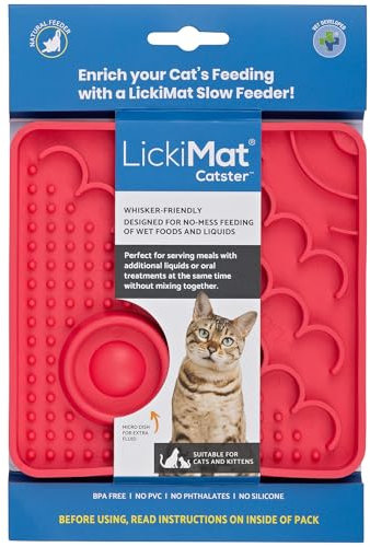LickiMat Catster Cat Food Mat - Cat Slow Feeder with Micro Dish for Added Hydration - Perfect for Food, Treats, Yoghurt & Anxiety Relief for Cats - Fun Alternative to Slow Feeder Cat Bowl - Pink