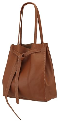 SH Leder ® Damen Echt Rindleder Shopper mit schleife und Innentasche in vielen Farben Schultertasche Henkeltasche 29x33cm Sandra G535 (Cognac)