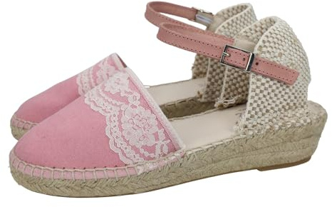 CONDIZ 233 Esparteñas de Piel en Color Rosa para niñas, esparteñas de comunión Hechas en España, con Encajes al Frente NIÑA Zapato COMUNIÓN Rosa 33
