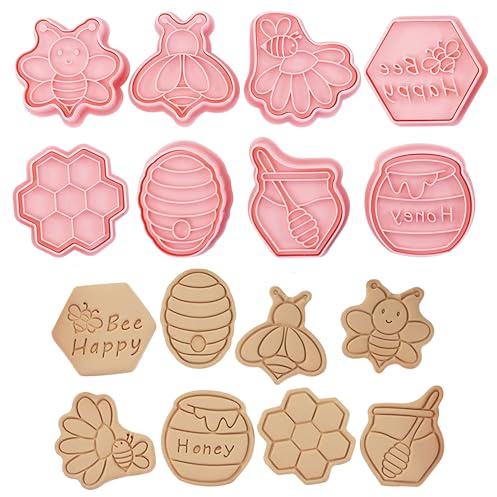 8 Pieces Cute Honey Bee Cookie Cutters,Bee Festival Theme Cookie Cutters Cartoon Cookie Mould Press Cookie Stamps Set Kitchen Baking Tools Plastic Cookie Mold for DIY Fondant Cake Candy Decorating