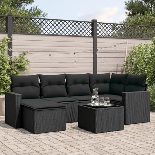 Gecheer 7-TLG.Garten-Sofagarnitur mit Kissen Gartenmöbel Garten Lounge Sitzgruppe Gartengarnitur Gartenlounge Rattenmöbel Loungesofa Möbelsets Loungegruppe Sitzgarnitur Schwarz Poly Rattanmodel 236