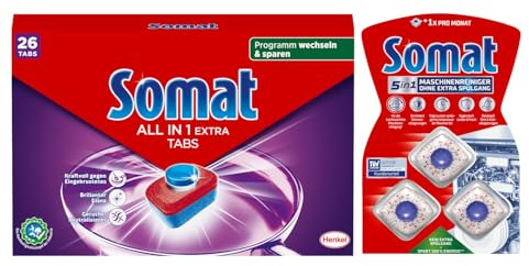 SOMAT Tabs 26 AW all in 1 Extra, Geschirrspül Tabs für strahlende Sauberkeit, bekämpfen selbst eingetrocknete Rückstände + Somat Duo Power Experten 3 AW Maschinenreiniger 57g