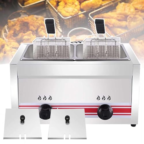 Friteuse à Gaz Professionnelle,20l Friteuse Commerciale En Acier Inoxydable Avec Paniers Et Couvercles De Friteuse, Pour La Cuisine à Domicile De Restaurant Commercial,10L+10L