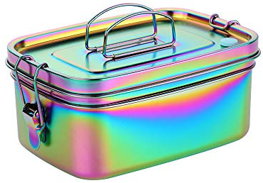 DOCBLACK Lunchbox Edelstahl Bento Box Doppelstöckige Sandwichbox Robust und Robust mit Entlüftungsanschluss, Tragegriff und auslaufsicherem Gummiring Geeignet für Erwachsene und Kinder Regenbogen