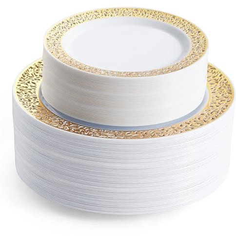 Matana - 120 Piatti in Plastica Bianca Premium con Bordo Oro (2 Misure: 60 x 26cm, 60 x 19cm) - Eleganti, Resistenti e Riutilizzabili - Matrimoni, Compleanni, Battesimi, BBQ, Natale, Feste