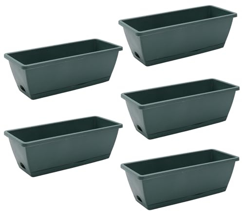 The Fellie 5 PCS Large Garden Planter Plastic Trough With Drainage Holes & Tray, Outdoor Rectangle Long Planter For Windowsill & Balcony, Vegetable Plant Pot For Succulent, Green 49.5L*19W*15.7HCM
