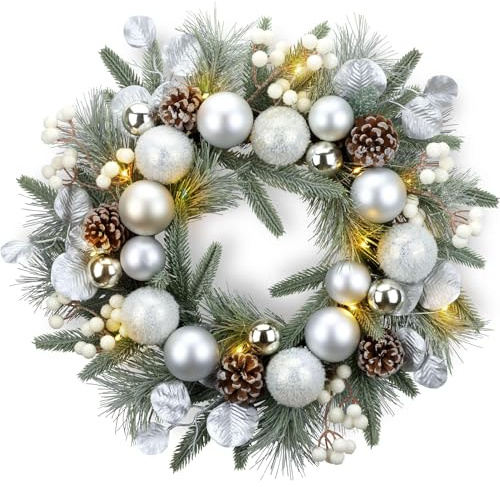 YULETIME Weihnachtskranz, 50,8 cm, Kugeln, Beeren, Tannenzapfen, Blätter, bereifte Fichtenzweige und Tannennadeln (Silber) | Silberfarbene Kugeln, weiße Beeren, Tannenzapfen, silberfarbene Blätter, gefrostete Fichtenzweige und Tannennadeln