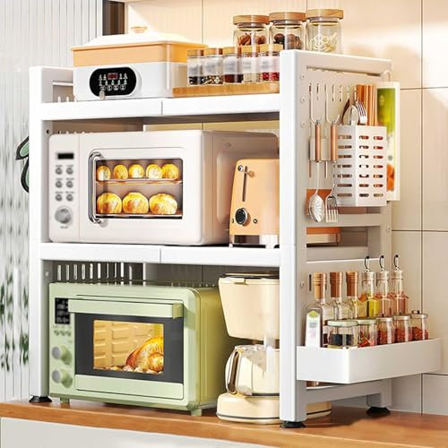 Microwave Stand Countertop, Expandable Microwave Oven Rack, Carbon Steel Kitchen Counter Microwave/Toaster Shelf Heavy Duty Organizer with 6 Hooks, Length 15.7~25.1