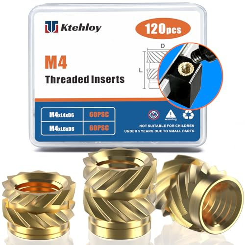 Ktehloy 120Pcs M4 Threaded Inserts, M4 Female Thread Metric Knurled Nuts Assortment Kit, Brass Heat Set Insert for Plastic and 3D Printing Components (M4x4x6, M4x6x6)
