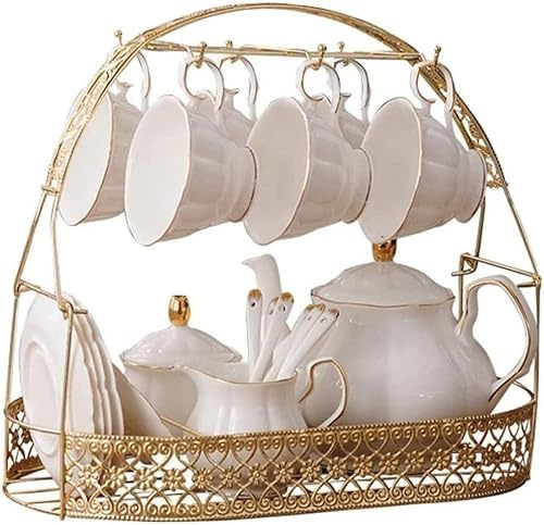 DONGLING 15 Pieces Simple White English Ceramic Tea Sets,tea Pot,bone China Cups with Metal Holder Matching Spoons,afternoon Tea Set Service Coffee Set