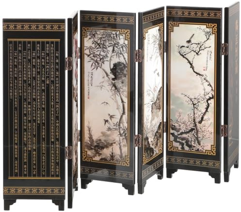 Cabilock Lacquer Folding Screen Ornament Small Decorative Room Divider with Chinese Style Painting of Plum Orchid Bamboo Chrysanthemum Elegant Mini Partition for Home and Office