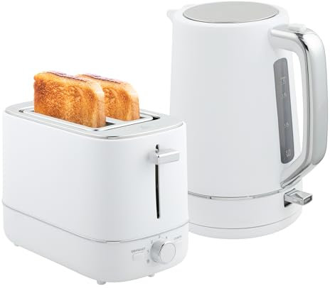 HOMCOM Kettle and Toaster Set, 1.7L 3000W Fast Boil Kettle & 2 Slice Toaster Kitchen Set with 6 Level Browning Controls, Defrost, Reheat, White